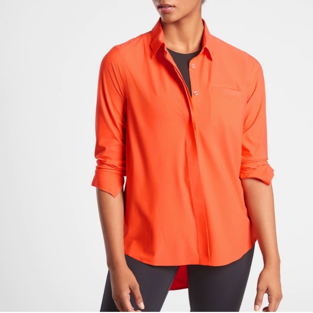 Athleta Urbanite Orange Button Down Shirt Women’s M Lightweight Stretch Blouse
